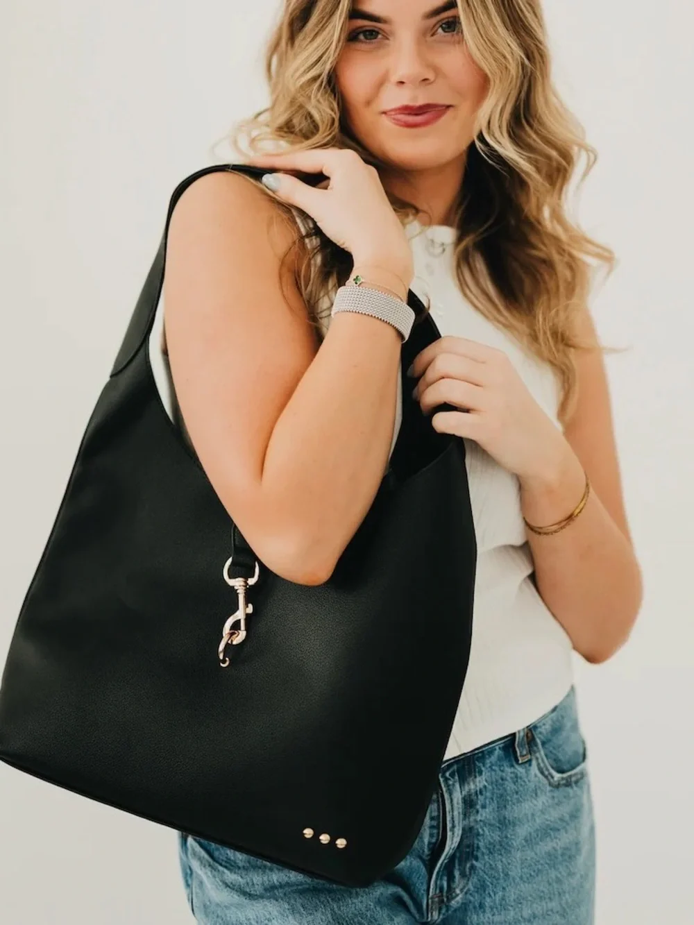 Pretty Simple Haddie Hobo Vegan Leather Tote Buttery Smooth Exterior Lock Black